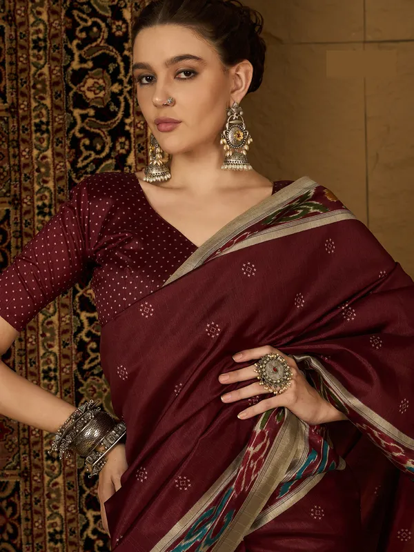 Understated_Maroon_Beauty_Bhagalpuri_Cotton_Saree_With_Unstitched_Blouse