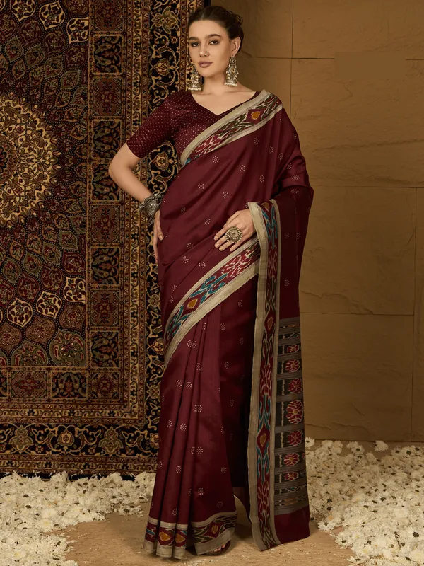 Understated_Maroon_Beauty_Bhagalpuri_Cotton_Saree_With_Unstitched_Blouse