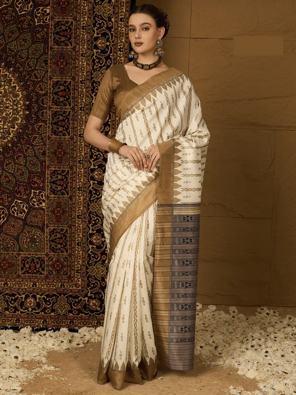 Pure_White_&_Gold_Bhagalpuri_Cotton_Saree_With_Unstitched_Blouse