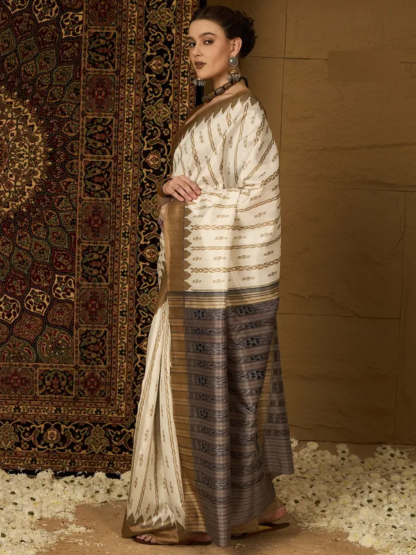 Pure_White_&_Gold_Bhagalpuri_Cotton_Saree_With_Unstitched_Blouse