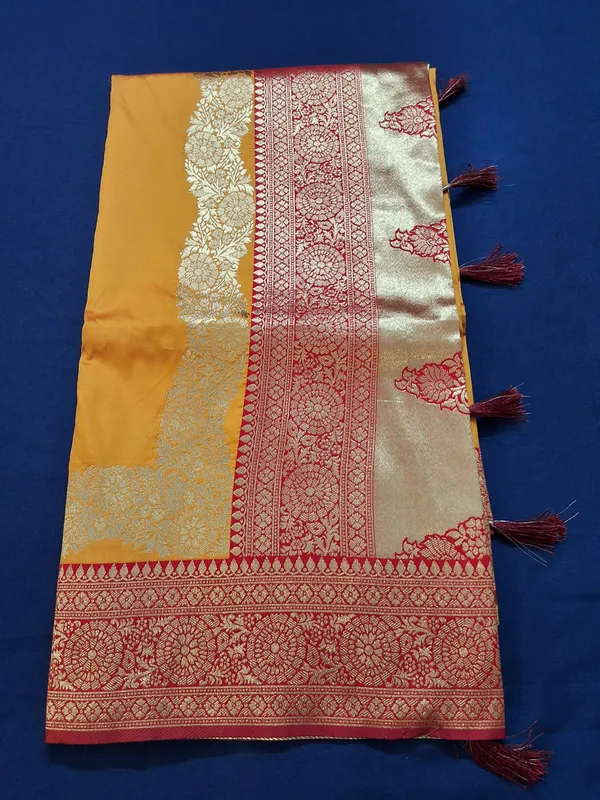 Warm_Orange_&_Red_Banarasi_Silk_Saree_With_Unstitched_Blouse