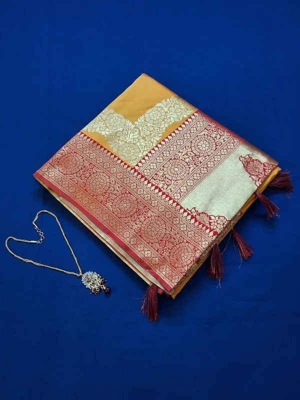Warm_Orange_&_Red_Banarasi_Silk_Saree_With_Unstitched_Blouse
