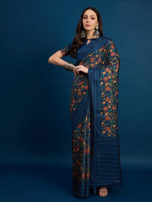 Saphire_Blue_Kozi_Silk_Saree_With_Unstitched_Blouse