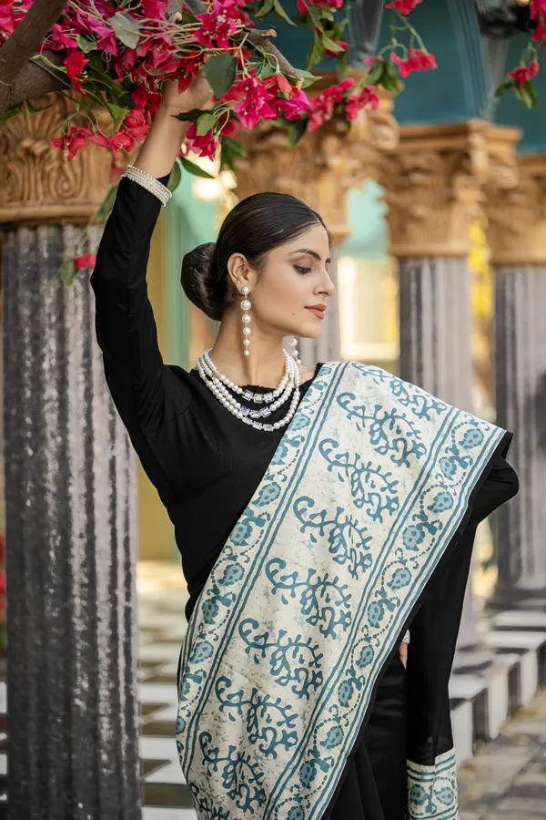 Black_Bhagalpuri_Cotton_with_Sanganeri_Print_Saree_With_Unstitched_Blouse