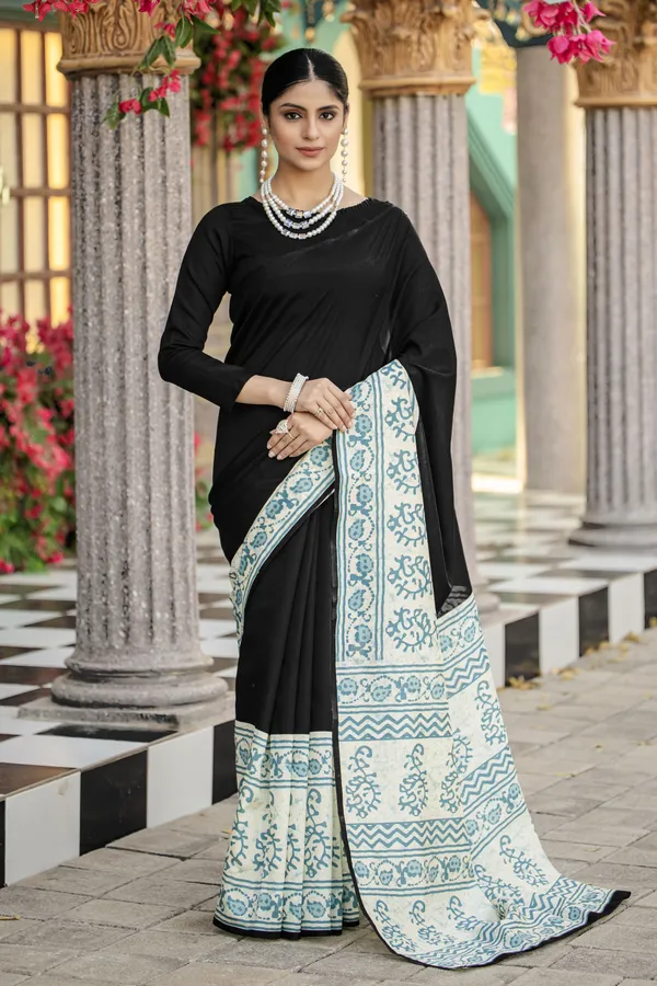 Black_Bhagalpuri_Cotton_with_Sanganeri_Print_Saree_With_Unstitched_Blouse