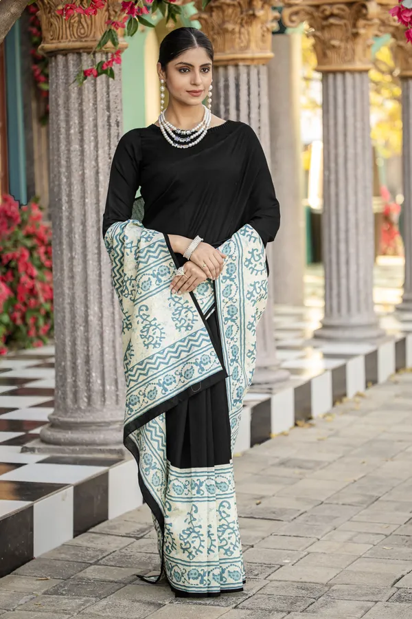 Black_Bhagalpuri_Cotton_with_Sanganeri_Print_Saree_With_Unstitched_Blouse