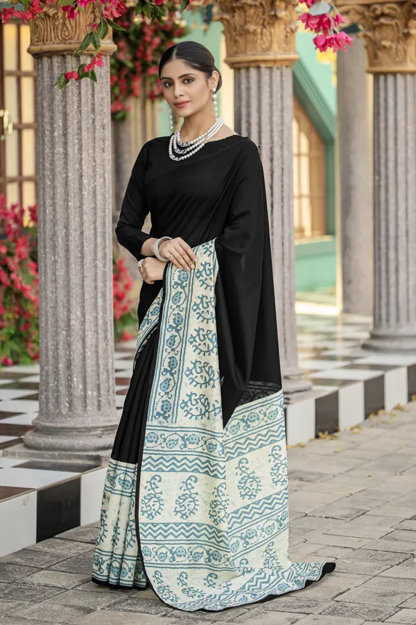 Black_Bhagalpuri_Cotton_with_Sanganeri_Print_Saree_With_Unstitched_Blouse