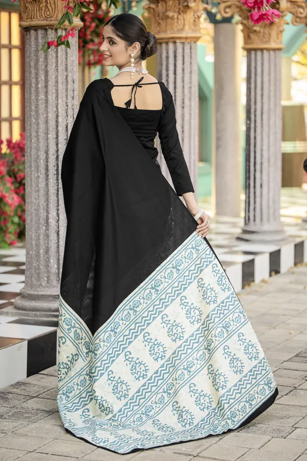 Black_Bhagalpuri_Cotton_with_Sanganeri_Print_Saree_With_Unstitched_Blouse