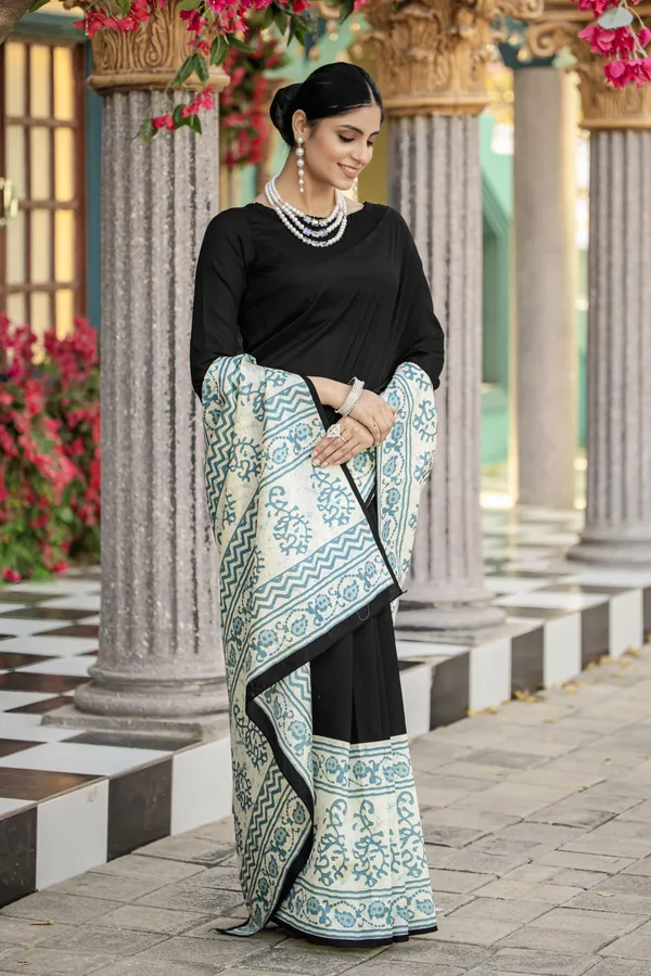 Black_Bhagalpuri_Cotton_with_Sanganeri_Print_Saree_With_Unstitched_Blouse