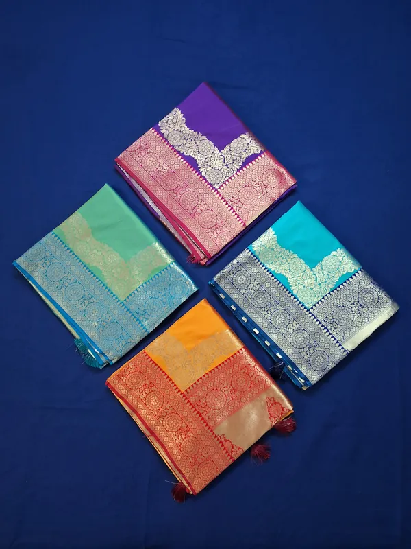 Teal_Green_&_Navy_Banarasi_Silk_Saree_With_Unstitched_Blouse
