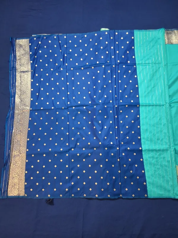 Teal_Green_&_Navy_Banarasi_Silk_Saree_With_Unstitched_Blouse
