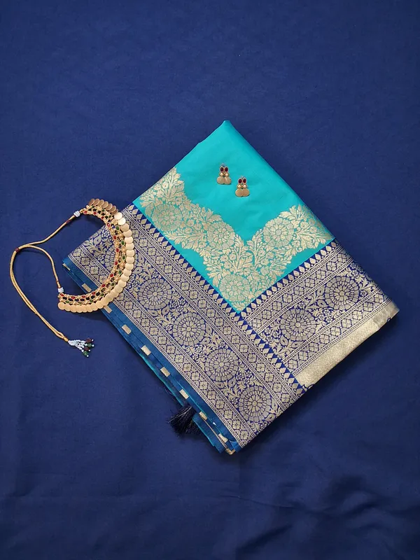 Teal_Green_&_Navy_Banarasi_Silk_Saree_With_Unstitched_Blouse