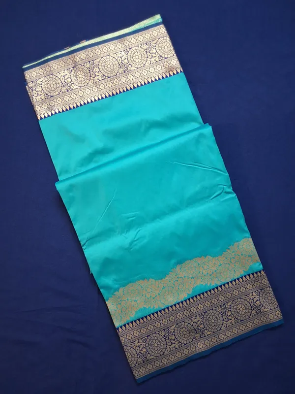 Teal_Green_&_Navy_Banarasi_Silk_Saree_With_Unstitched_Blouse