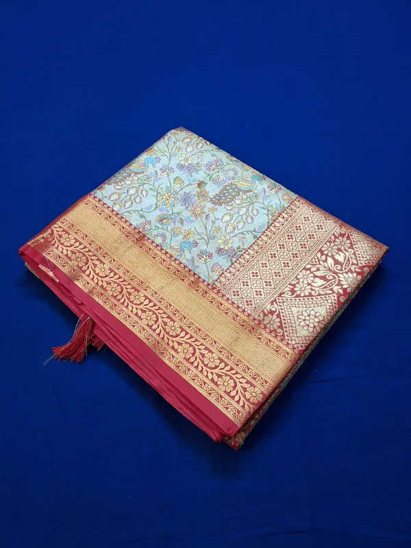 Gold_&_Red_Brocade_Silk_Saree_With_Unstitched_Blouse