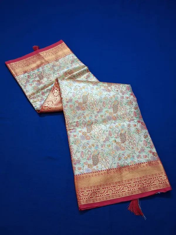 Gold_&_Red_Brocade_Silk_Saree_With_Unstitched_Blouse