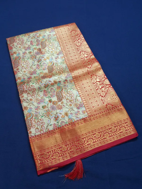 Gold_&_Red_Brocade_Silk_Saree_With_Unstitched_Blouse