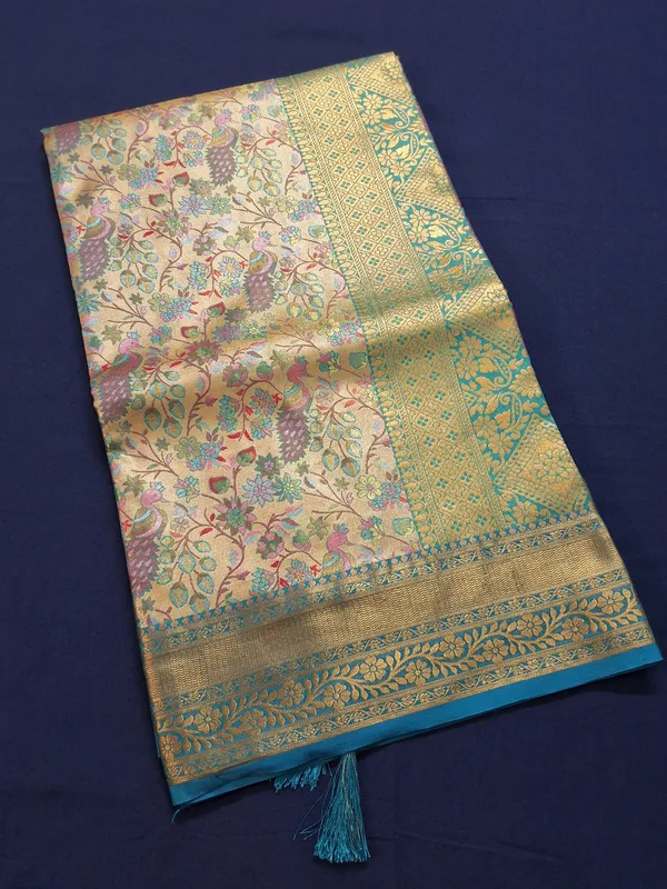 Gold_&_Rama_Green_Brocade_Silk_Saree_With_Unstitched_Blouse