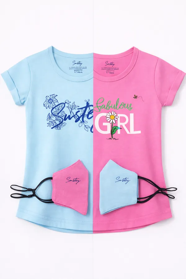Pink_And_Blue_Graphic_Print_Cotton_T-Shirt_Pack_With_Masks_For_Girls