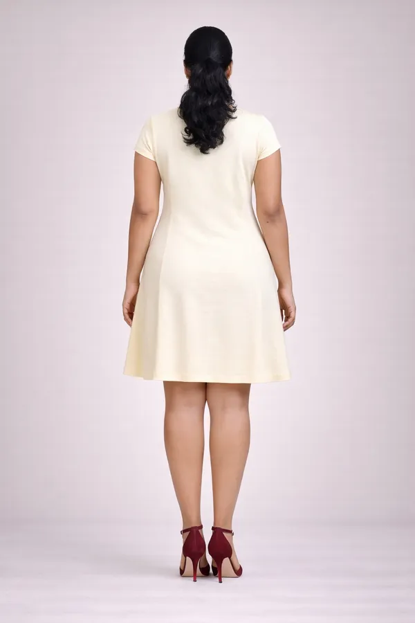 Cream_Fit_And_Flare_Short_Dress_With_Short_Sleeves_For_Women
