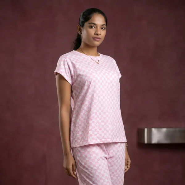 Pink_Checkered_Cotton_Loungewear_Set_For_Women
