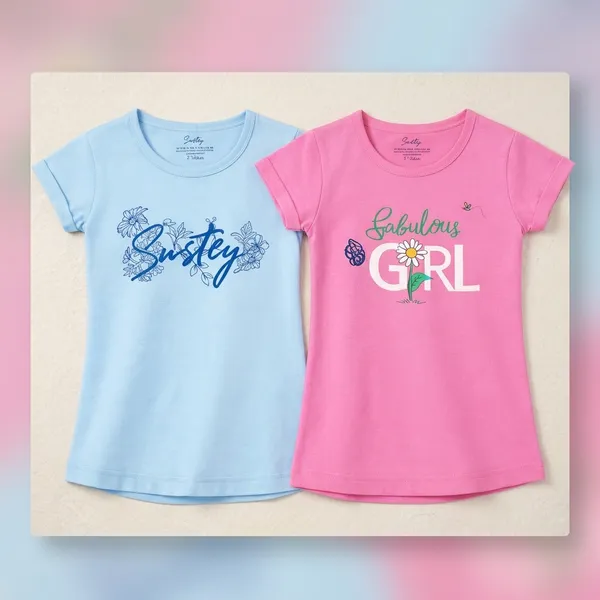 Blue_And_Pink_Girls_Graphic_Print_T-Shirt_Set