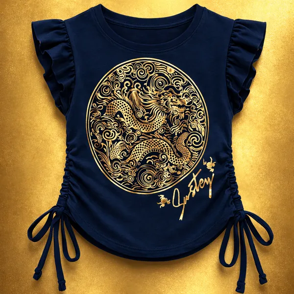 Navy_Blue_Dragon_Golden_Print_Cottom_Elastane_Stretch_Womens_Top_With_Side_Ties