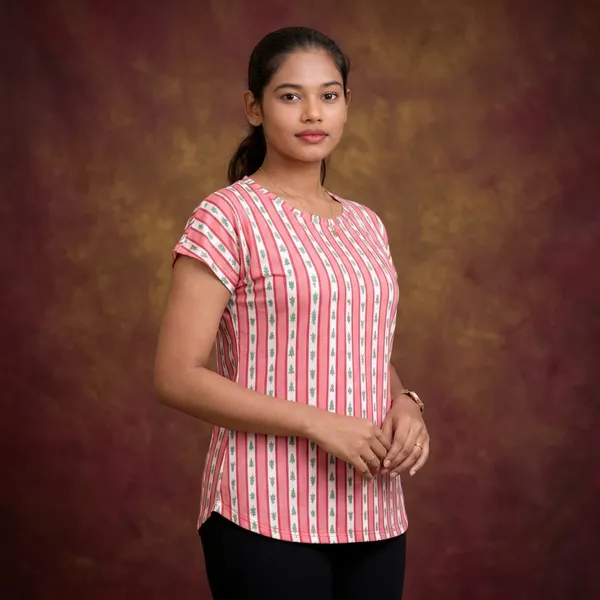 Pink_Striped_Skin_Friendly_Lyocell_Elastane_Stretch_Short_Sleeve_Top_For_Women