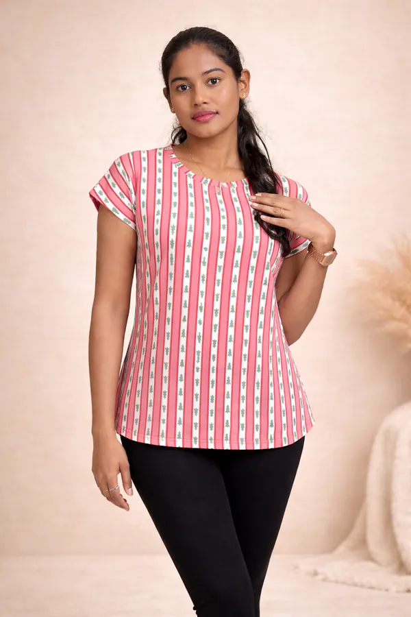 Pink_Striped_Skin_Friendly_Lyocell_Elastane_Stretch_Short_Sleeve_Top_For_Women
