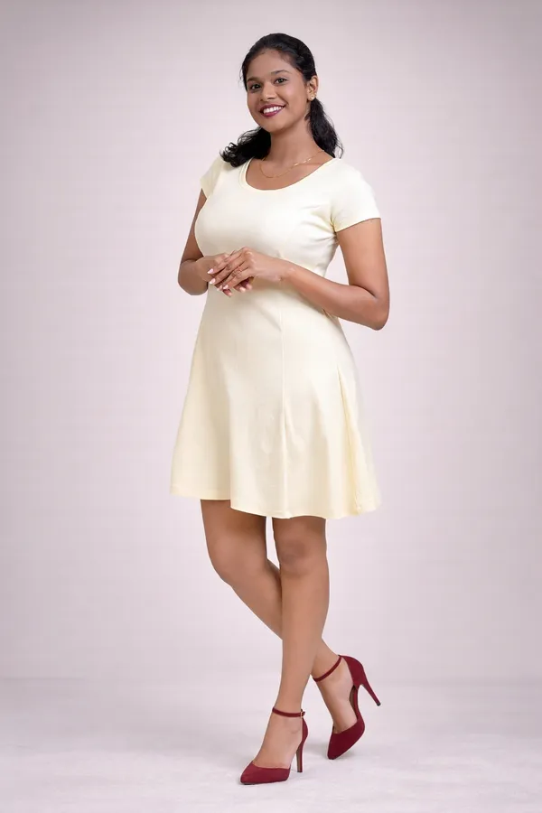 Cream_Fit_And_Flare_Short_Dress_With_Short_Sleeves_For_Women
