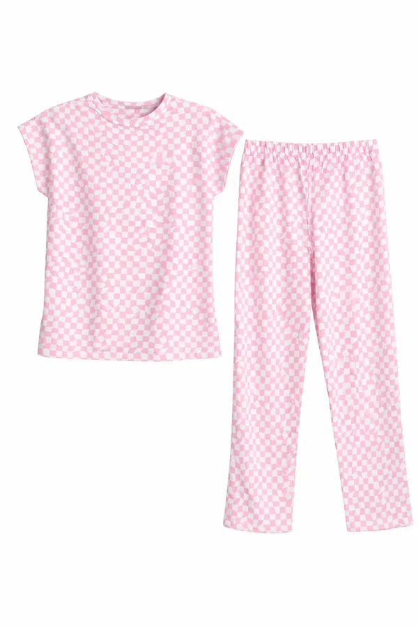 Pink_Checkered_Cotton_Loungewear_Set_For_Women
