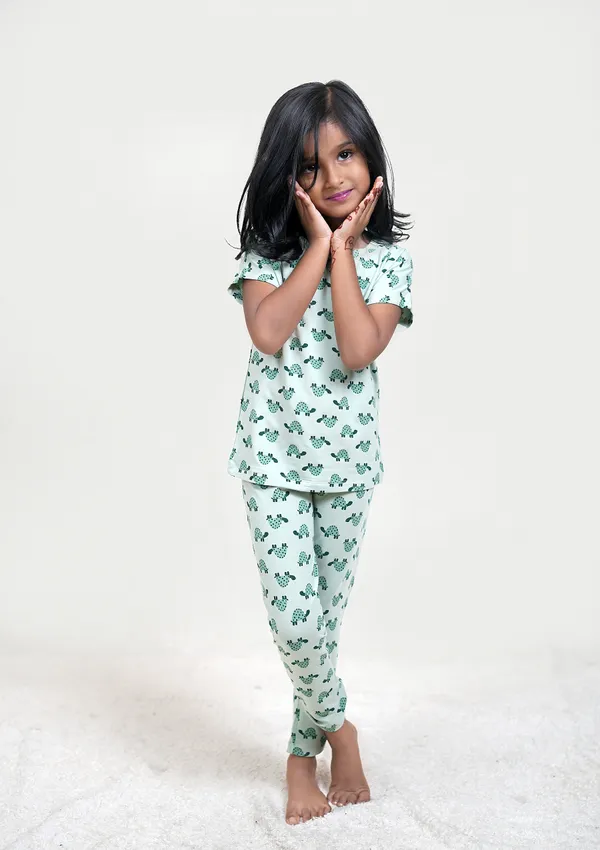 Mint_Green_Turtle_Print_Skin_Friendly_Lyocell_Elastane_Stretch_Nightwear_Set_For_kids