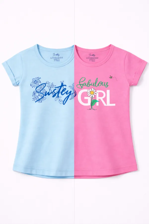 Blue_And_Pink_Girls_Graphic_Print_T-Shirt_Set