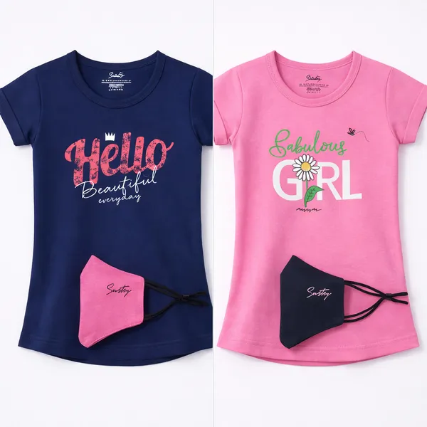Navy_Blue_And_Pink_Graphic_Print_Cotton_T-Shirt_Set_With_Mask_For_Girls