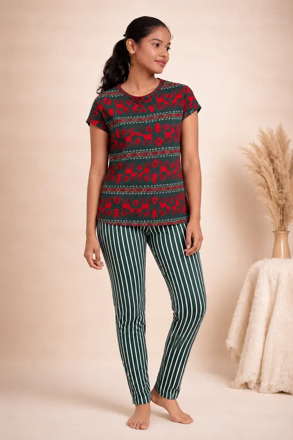 Christmas_Reindeer_Green_Red_Festive_Print_Top_And_BOTTOM_Striped_Loungewear_Set_For_Women