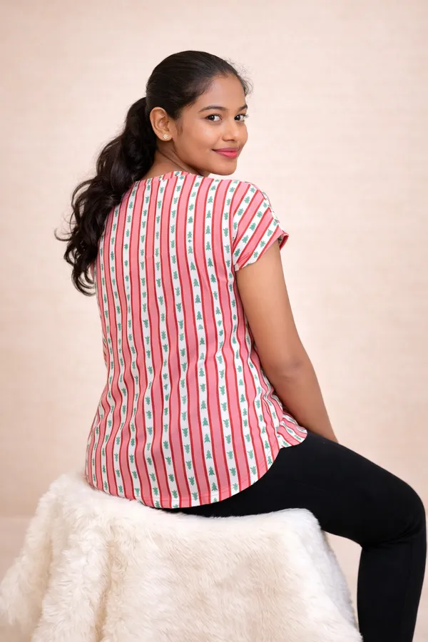 Pink_Striped_Skin_Friendly_Lyocell_Elastane_Stretch_Short_Sleeve_Top_For_Women