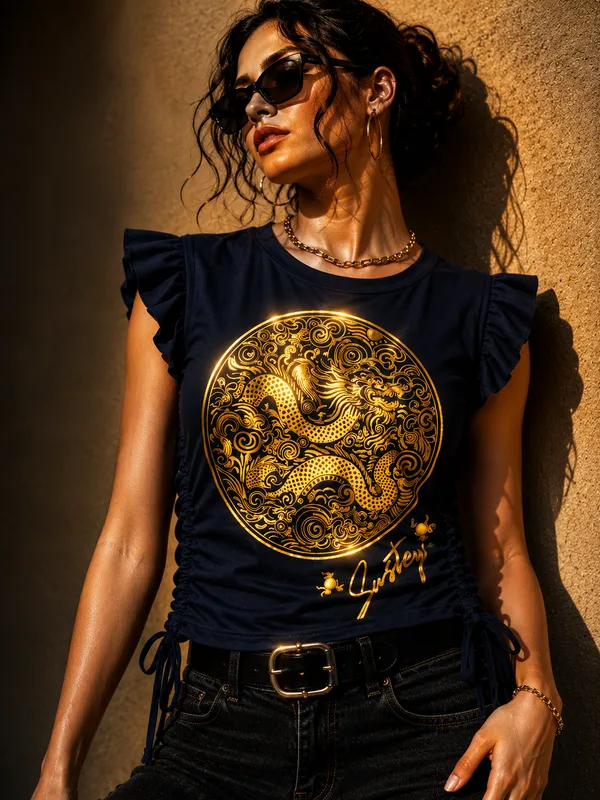 Navy_Blue_Dragon_Golden_Print_Cottom_Elastane_Stretch_Womens_Top_With_Side_Ties