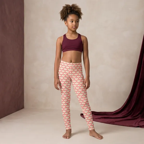 Beige_Coral_Mermaid_Scale_Print_Full_Length_Leggings_For_Girls