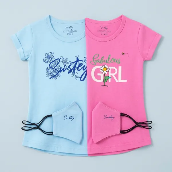Pink_And_Blue_Graphic_Print_Cotton_T-Shirt_Pack_With_Masks_For_Girls