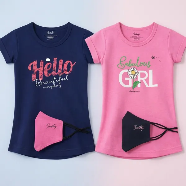 Navy_Blue_And_Pink_Graphic_Print_Cotton_T-Shirt_Set_With_Mask_For_Girls