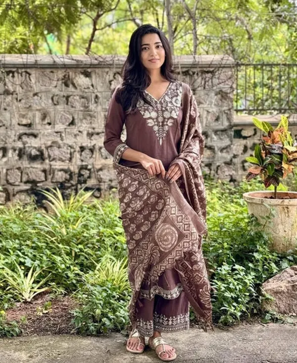 Brown_Cotton_Embroidered_Kurta_Set_For_Women