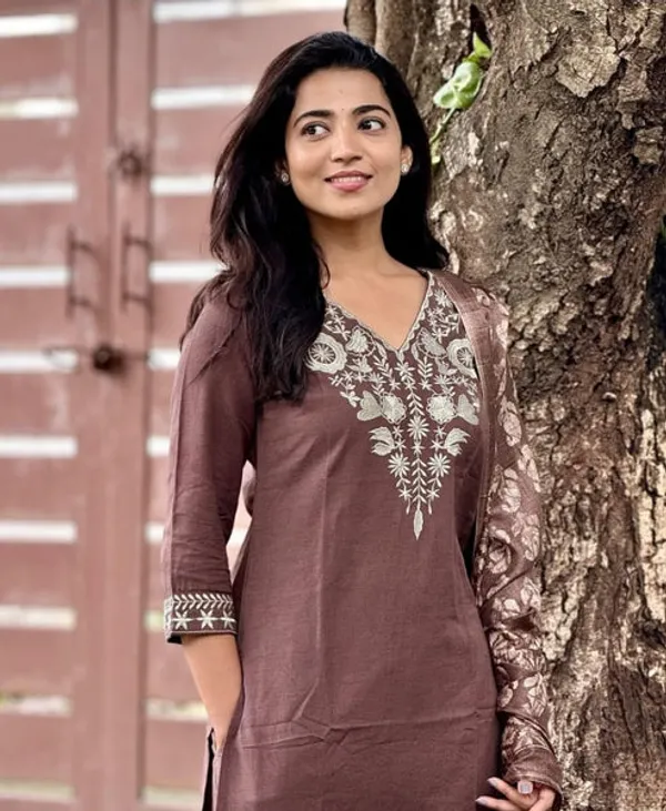 Brown_Cotton_Embroidered_Kurta_Set_For_Women