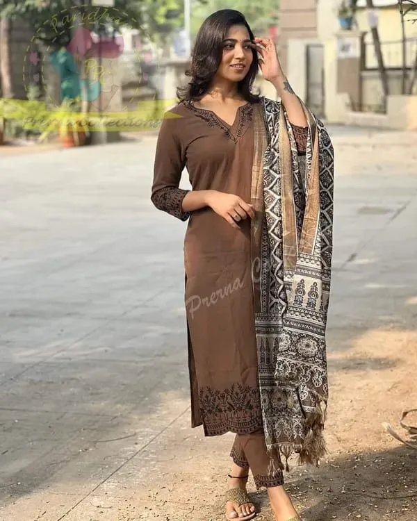 Brown_Elegant_Ethnic_Cotton_Suit_Set_With_Printed_Dupatta_For_Women