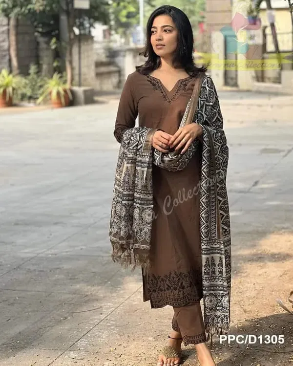 Brown_Elegant_Ethnic_Cotton_Suit_Set_With_Printed_Dupatta_For_Women