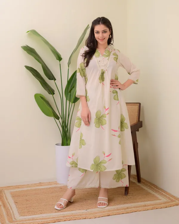 Ivory_Green_Cotton_Floral_A_Line_Kurta_Palazzo_Set_For_Women