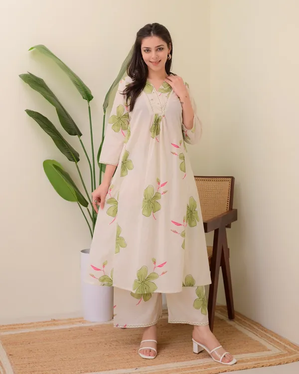 Ivory_Green_Cotton_Floral_A_Line_Kurta_Palazzo_Set_For_Women