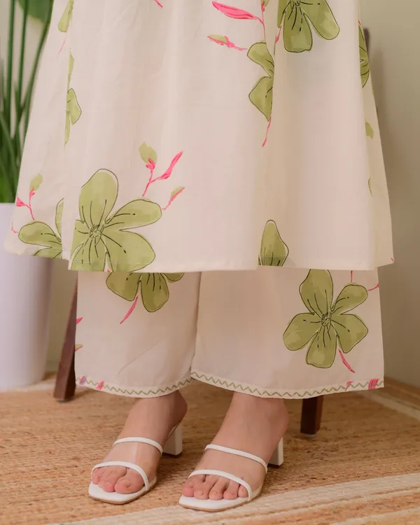 Ivory_Green_Cotton_Floral_A_Line_Kurta_Palazzo_Set_For_Women