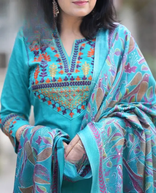 Blue_Embroidery_Cotton_Kurta_Pant_And_Dupatta_Set_For_Women