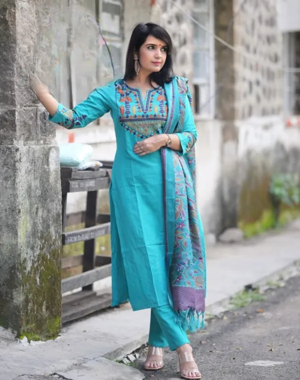 Blue_Embroidery_Cotton_Kurta_Pant_And_Dupatta_Set_For_Women