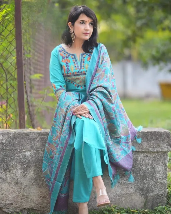 Blue_Embroidery_Cotton_Kurta_Pant_And_Dupatta_Set_For_Women