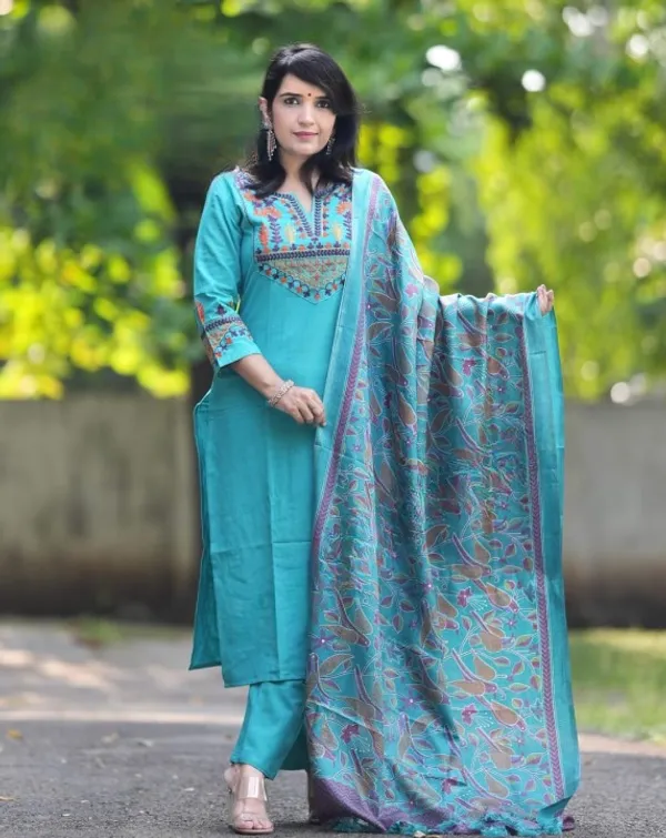 Blue_Embroidery_Cotton_Kurta_Pant_And_Dupatta_Set_For_Women